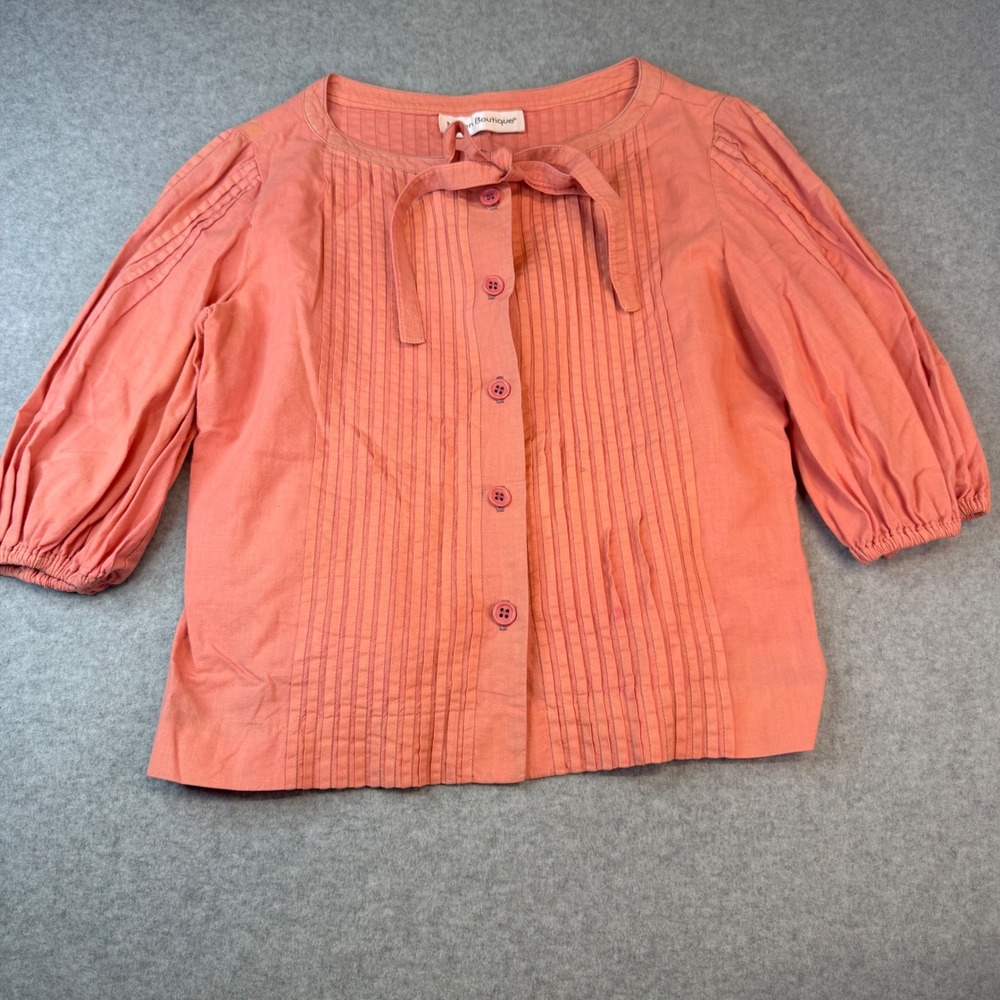 Nipon Boutique Coral Pink Pintuck Pleated Tie Neck Puff Sleeve Blouse Size 8